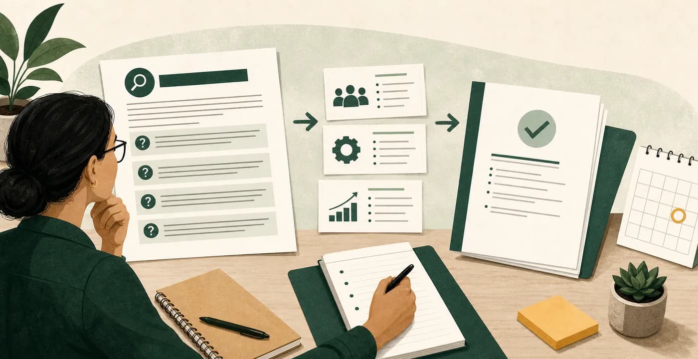 A contractor reviews a Sources Sought notice, matches its questions to three capability evidence cards, and prepares a concise response before a marked deadline.