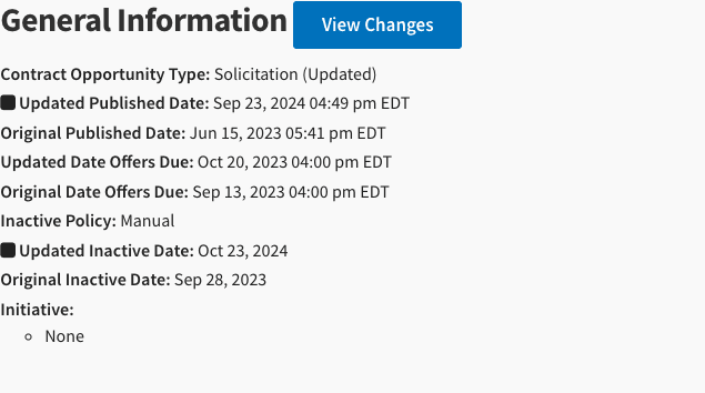 SAM.gov General Information showing original and updated published, offers-due, and inactive dates for an updated solicitation.